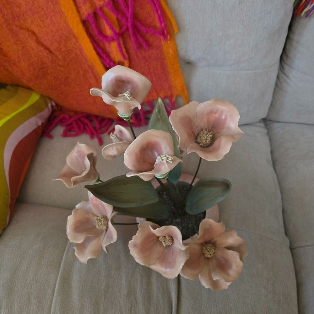 Vintage Ceramic Flower Decor with Brass Leaves - Picture 4 of 5